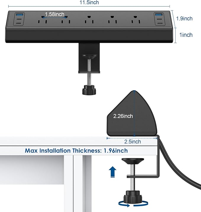 Jgstkcity Desk Clamp Power Strip USB C,40W Total Fast Charging Station,4 PD 20W USB C Ports,Desk Edge Mount Surge Protector,5 Outlets,Fit 1.96" Tabletop Edge,ETL Listed | 1200J,Total 40W Charging Hub,5 Outlets & 6 USB, 6FT Extension Cord, Fits 1.96" De... - Image 7