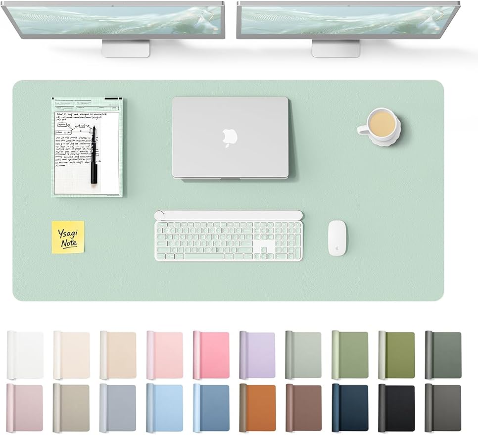 YSAGi Leather Desk Protector, Office Mat, Large Mouse Mat, Non-Slip PU Leather Blotter, Laptop Desk Pad, Waterproof Writing Pad for Office and Home (Pale Green, 47.2" x 23.6") by YSAGi