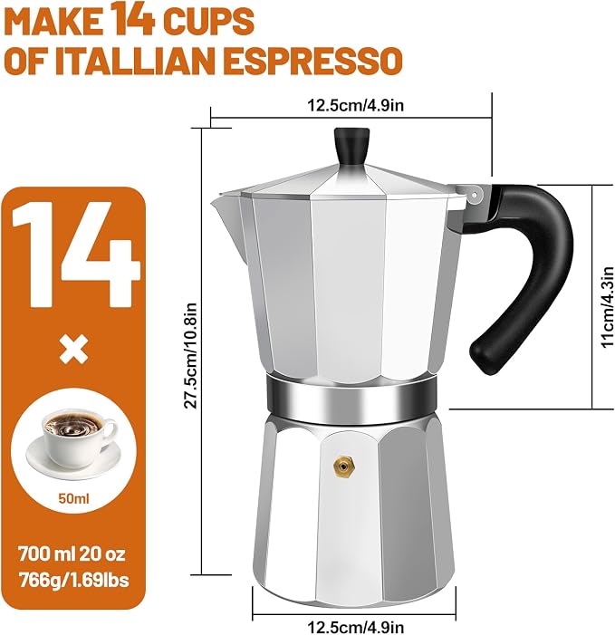14 Cup Aluminum Espresso Stovetop Moka Pot Express Coffee Maker Percolator Italian Classic Mocha Coffee Machine for Italian and Cuban Cafe Brewing for Home & Camping 700ml 23oz - Image 2