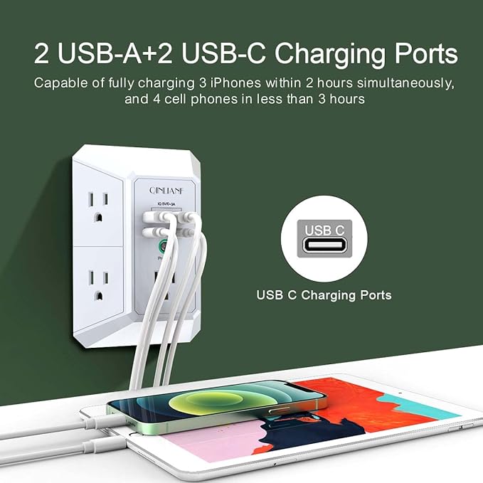 USB Wall Charger, Surge Protector, QINLIANF 5 Outlet Extender with 4 USB Charging Ports(2U2C) 3-Sided 1680J Power Strip Multi Plug Outlets Wall Adapter Spaced for Home Travel Office, White - Image 2