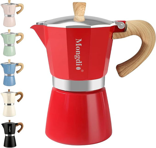 Mongdio Stovetop Espresso Maker Moka Pot, Cuban Coffee Maker Stove top coffee maker Moka Italian Espresso Greca Coffee Maker Brewer Percolator, 6 Espresso Cups, 10 oz - Red by Mongdio