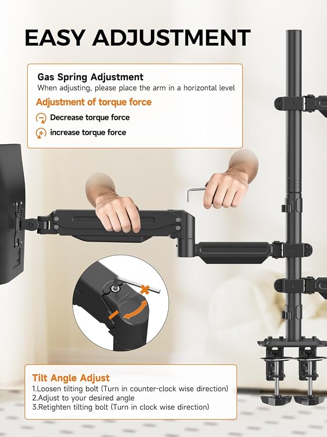 Bracwiser Triple Monitor Mount for Max 34" Screens, up to 24.25lbs Each, Full Adjustable 3 Monitor Desk Stand, Three Gas Spring Arm with Tilt Swivel Rotation, VESA 75x75/100x100mm, Black, MDX883B - Image 7