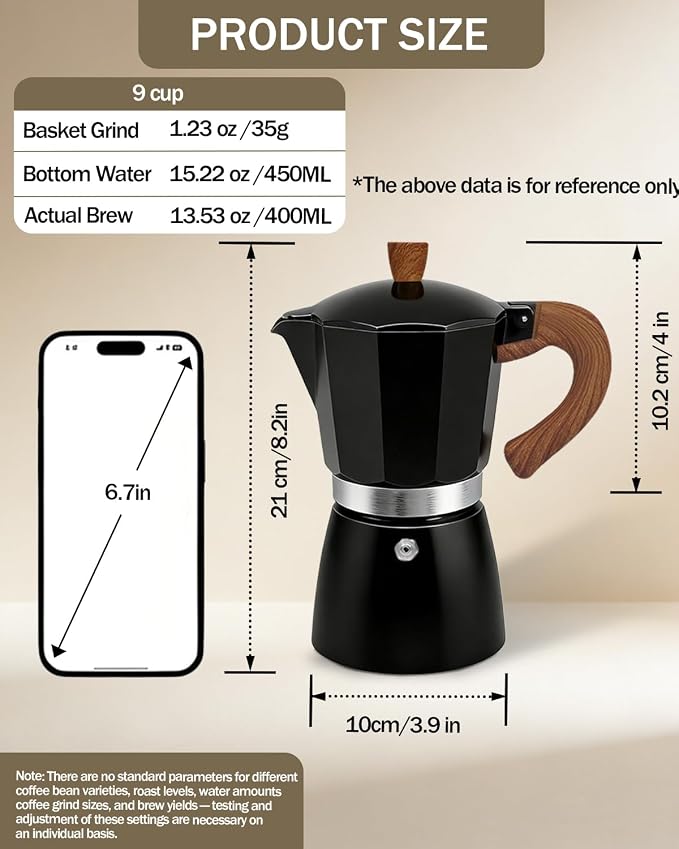 Coffee Maker Stovetop Espresso Maker 9 Cup Aluminum Moka Pot Percolator 15oz 450ml Easy Brewing for Electric Ceramic Stoves Home Camping Italian Cuban Café Classic Black - Image 2