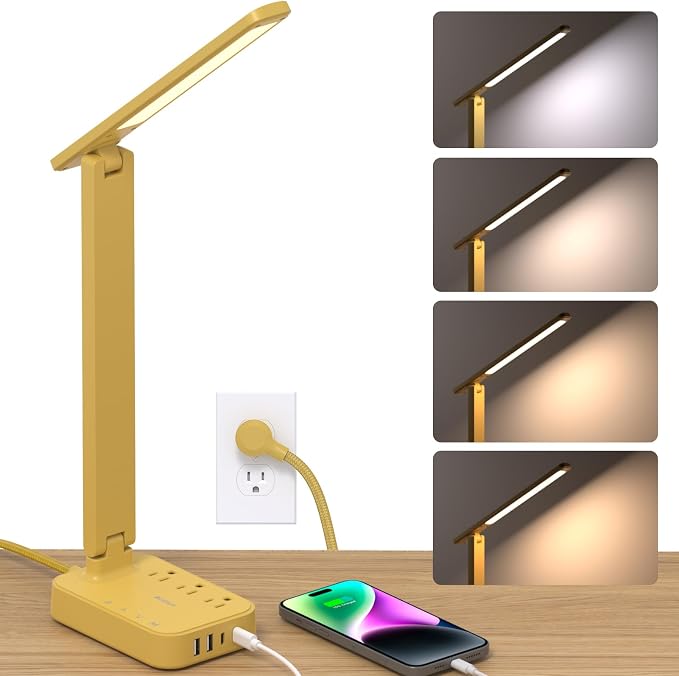 Addtam LED Desk Lamp, Power Strip with 3 Outlets 4 USB Charging Ports(2 USBC), 4 Modes 5 Level Brightness Touch Lamp, Small Desk Lamp for Home Office College Dorm Room Essentials, Yellow by Addtam