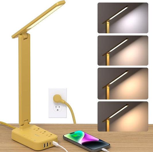 Addtam LED Desk Lamp, Power Strip with 3 Outlets 4 USB Charging Ports(2 USBC), 4 Modes 5 Level Brightness Touch Lamp, Small Desk Lamp for Home Office College Dorm Room Essentials, Yellow by Addtam