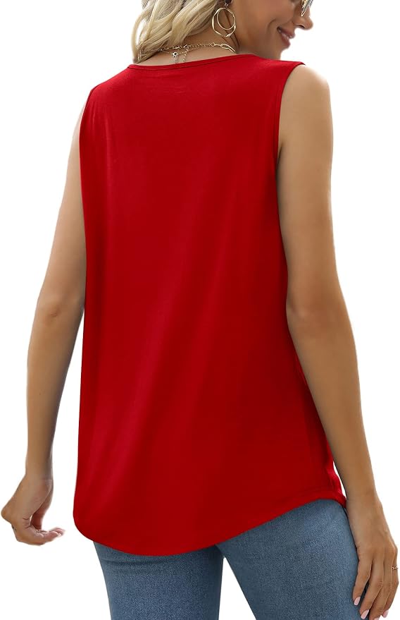 Saloogoe Summer Tank Tops for Women Loose Fit Pleated Square Neck Sleeveless Tops Curved Hem Flowy - Image 4