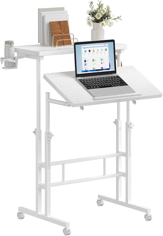 DUMOS Rolling Standing Desk, Sit Stand Desk, Computer Cart | Manual Height Adjustable, Split Top Mobile, Laptop Workstation, Portable Home Office, Walking Pad Study Surface, Modern White by DUMOS