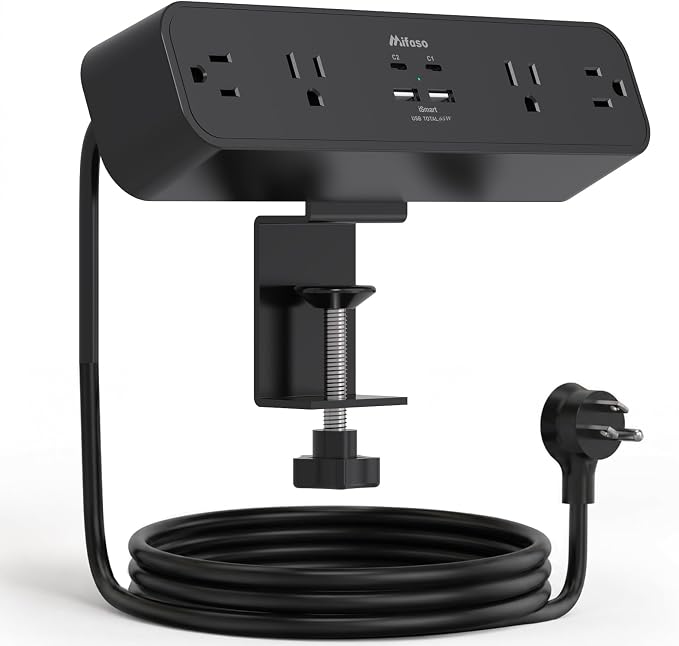 Mifaso PD65W Desk Clamp Power Strip, 1080J Surge Protector, 2 USB C | 4 Outlets, 5FT Extension Cord, Desk Organizer Gaming Accessories Office Essentials, Fit 1.96" Desk Edge, Black by Mifaso
