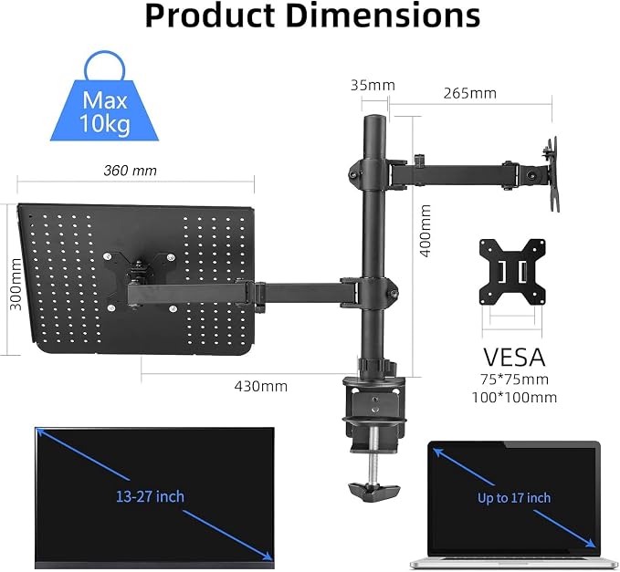suptek Monitor and Laptop Mount Holds 13-32 inch Computer Screen, Adjustable Monitor Arm Stand with Laptop Tray for 13-27 inch, Hold 22 lbs, with Clamp and Grommet Mounting Base - Image 7