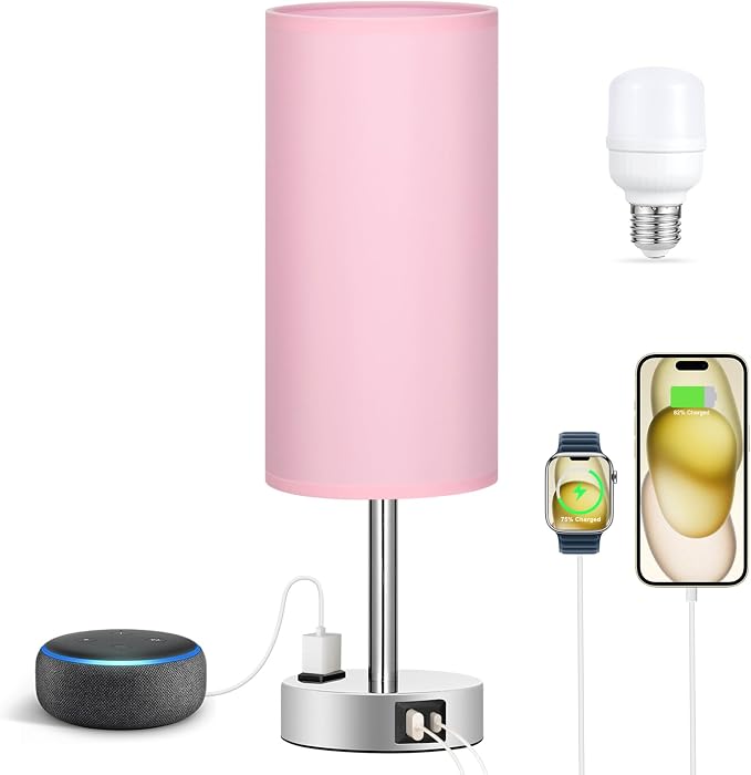 Fenmzee Pink Lamp for Bedroom Nightstand - 3 Way Dimmable Touch Table Lamp USB C Charging Ports, Small Lamp with AC Outlet for Desk Girls Room, LED Bulb Included - Image 6