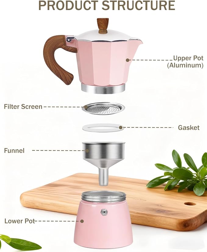 Coffee Maker Stovetop Espresso Maker 6 Cup Aluminum Moka Pot Percolator 10oz 300ml Easy Brewing for Electric Ceramic Stoves Home Camping Italian Cuban Café Classic Pink - Image 8