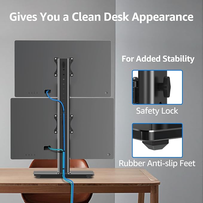MOUNTUP Vertical Dual Monitor Stand, Stack Two Screens up to 32 inches,33 Lbs, Free-Standing Monitor Desk Mount, Monitor Riser with Swivel, Tilt, Height Adjustable, VESA Stand 100 x 100mm, 75 x 75mm - Image 7