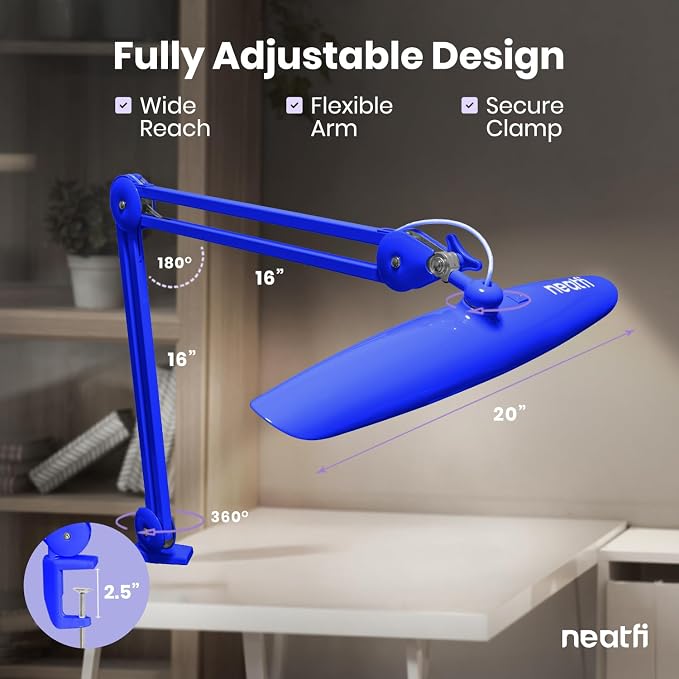Neatfi XL 2200 Lumens 24W LED Desk Lamp – Shadow-Free Task Lighting | 4-Level Dimming | Home Office & Crafts Use | 20-Inch Wide Head (Sapphire Blue, Non-CCT with Clamp) - Image 7