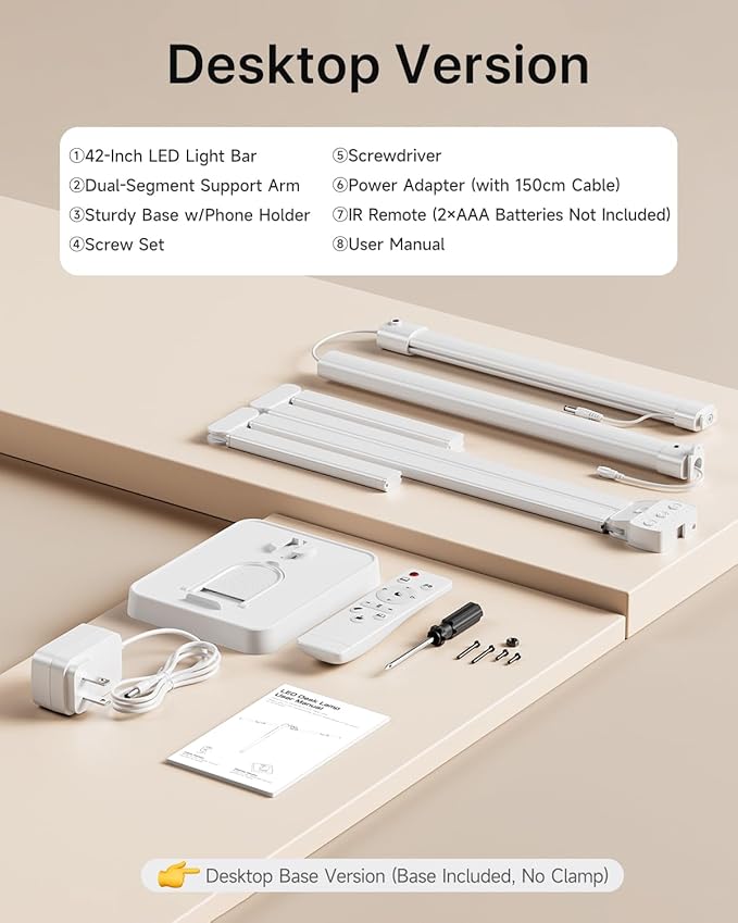 ONEMIX 42" LED Desk Lamp for Home Office, Eye-Caring Desk Light with Adjustable 4-Segment Bar, 1800LM Bright, Remote, Architect Table Lamp with Base for Dual Monitors, Reading, Study, Workbench(White) - Image 6