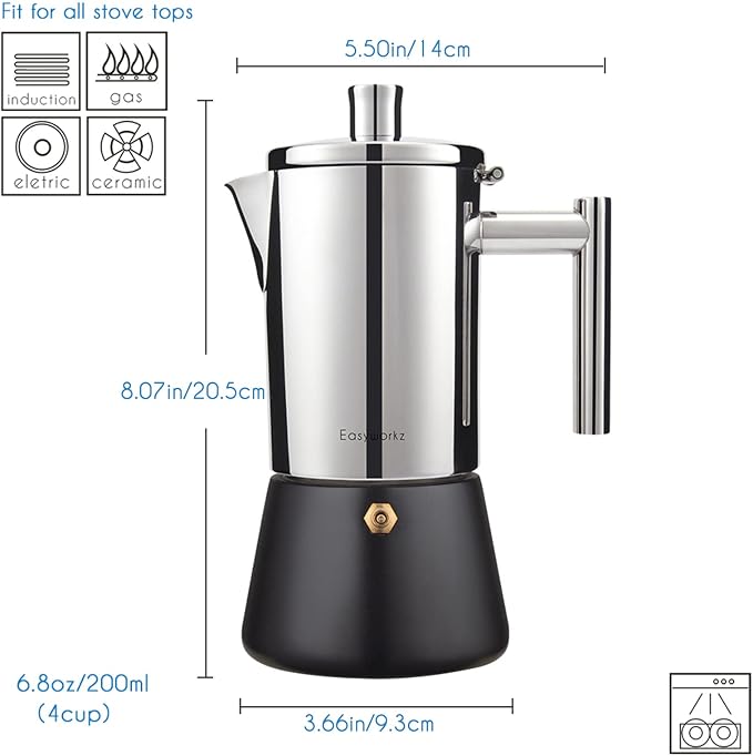 Easyworkz Diego Stovetop Espresso Maker Stainless Steel Italian Coffee Machine Maker 4Cup 6.8 oz Induction Moka Pot - Image 3