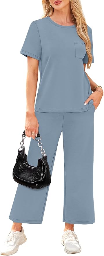 WIHOLL 2 Piece Sets for Women Casual Summer Travel Vacation Outfits Short Sleeve Wide Leg Crop Pants Lounge Sets - Image 4