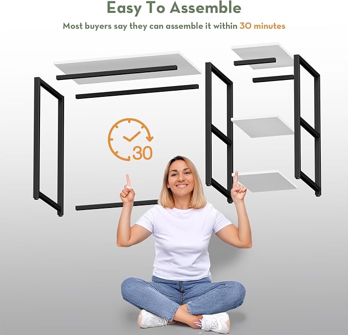 SINPAID 40" Small Computer Desk with Study Shelves for Home Office,White | Easy Assembly Study Desk, Sturdy Writing Desk for Bedroom & Home Office, Cream White - Image 7