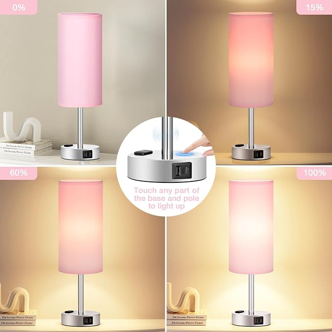 Fenmzee Pink Lamp for Bedroom Nightstand - 3 Way Dimmable Touch Table Lamp USB C Charging Ports, Small Lamp with AC Outlet for Desk Girls Room, LED Bulb Included - Image 2