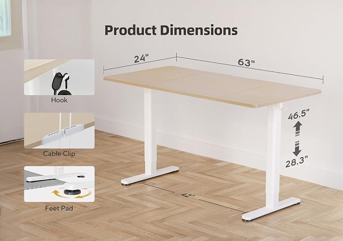 YDN 63 x 24 Inch Nature Electric Standing Desk | Adjustable Height, Sit Stand, Cable Management, Ergonomic, Home Office - Image 3