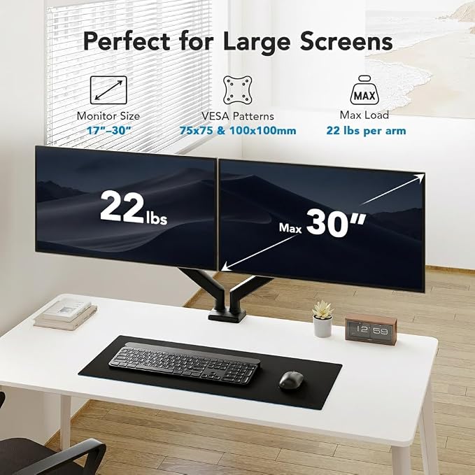 HUANUO Dual Monitor Mount for 2 Monitors up to 30 inches, Each Arm Holds Max 22lbs, Dual Monitor Stand with Advanced System, Height-Adjustable/Tilt/Swivel/Rotate, VESA Standard 75mm or 100mm - Image 2