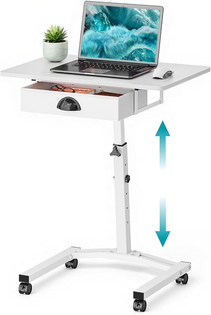 Rolling Adjustable Height Computer Desk With Drawers, Small Mobile Laptop Desk Cart On Wheels For Small Spaces Home Office, Portable Sitting Laptop Table For Bed Couch Load Up To 60LBS, Sturdy, White by Cidaziya