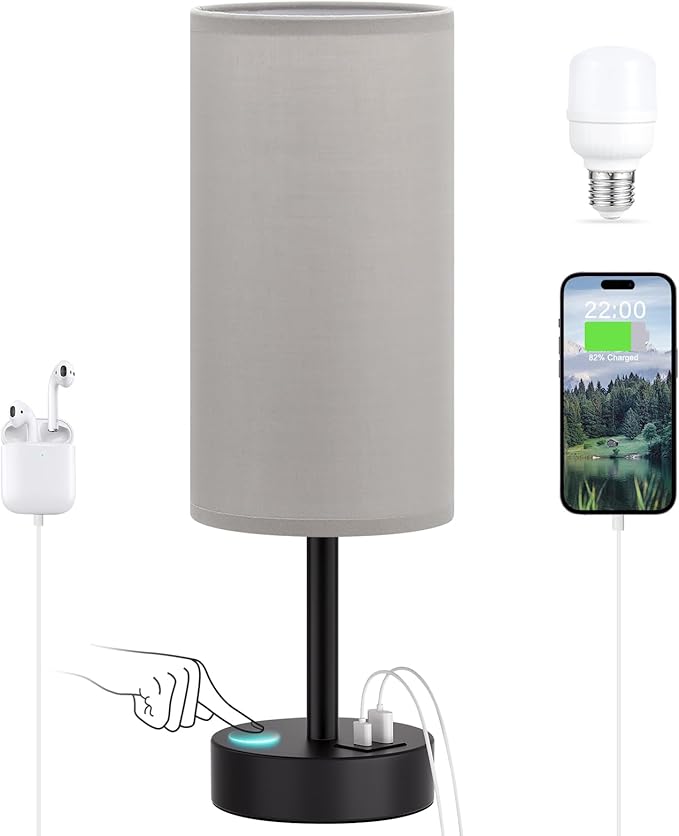Dicoool Bedside Table Lamp for Bedroom - 3-Way Dimmable Touch Lamp, USB A+C | LED Bulb Included, 14" Small Nightstand Lamp for Desk, Living Room, Guest Room, Grey Fabric Lampshade, Black Metal Base by DicooolDirect
