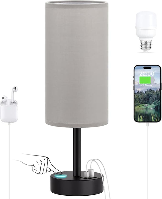 Dicoool Bedside Table Lamp for Bedroom - 3-Way Dimmable Touch Lamp, USB A+C | LED Bulb Included, 14" Small Nightstand Lamp for Desk, Living Room, Guest Room, Grey Fabric Lampshade, Black Metal Base by DicooolDirect