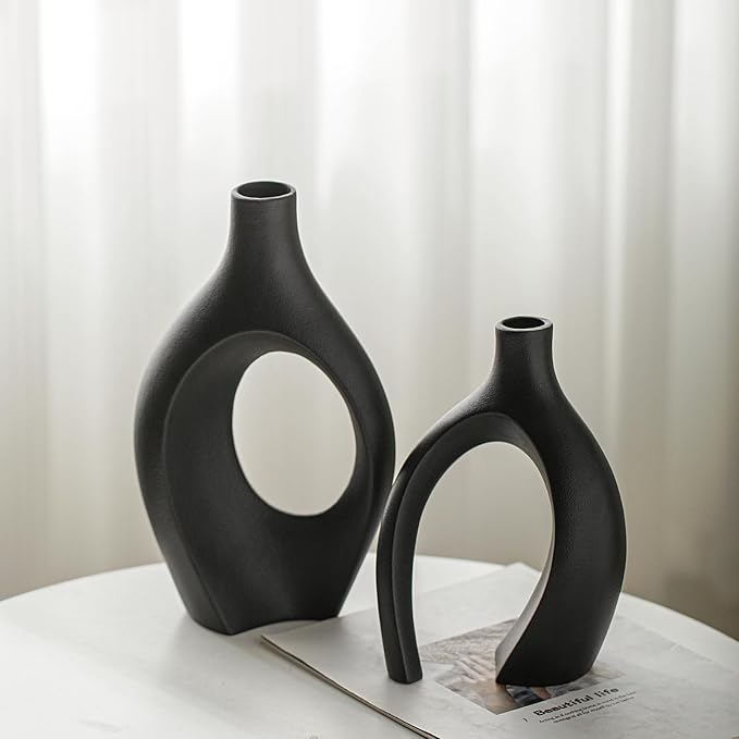 Lvases Snuggle Hollow Modern Ceramic Vase Set of 2, Mid Century Nordic Aesthetic Decorative Vase Decorative Vases for Home Table Decor (Matte Black W 6.8" X H 11") - Image 2