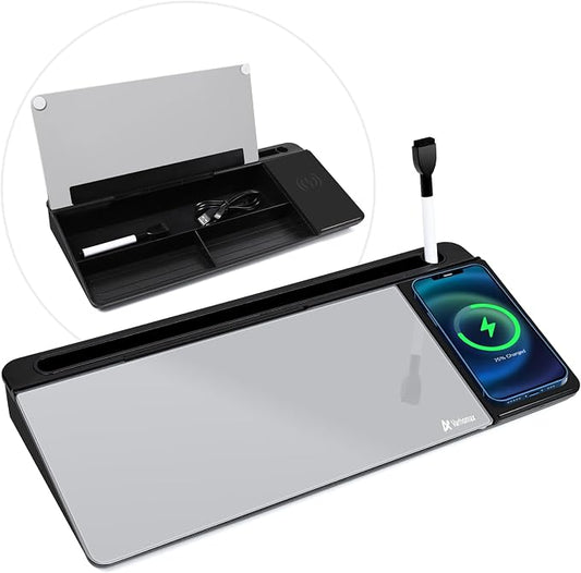 Varhomax Glass Desk Whiteboard with Wireless Charger, Desktop Organizer Dry Erase White Board with Storage, to Do List Memo Notepad for Home and Office Supplies (Black & Gray) by Varhomax