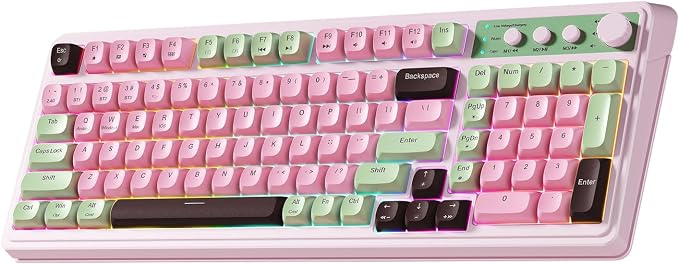 AULA Keyboard, Wireless Gaming Keyboard Creamy Bluetooth Computer Keyboards | 99 Key, Membrane Keyboard with Number Pad,RGB Backlit,Tri-Mode BT/2.4GHz/USB-C,Pink&Green&Coffee Color by AULA