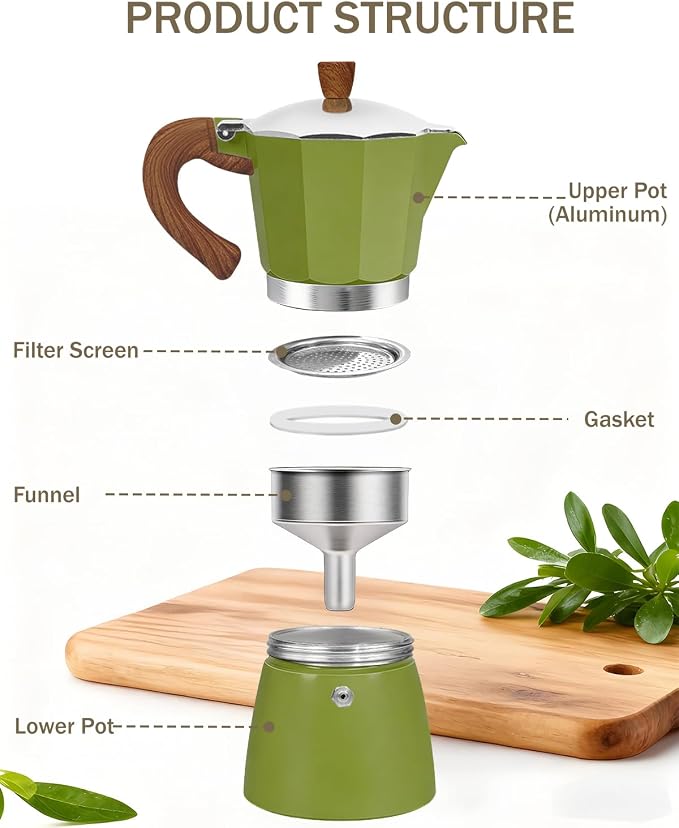 Coffee Maker Stovetop Espresso Maker 3 Cup Aluminum Moka Pot Percolator 5oz 150ml Easy Brewing for Electric Ceramic Stoves Home Camping Italian Cuban Café Classic Sip Sized Green - Image 8