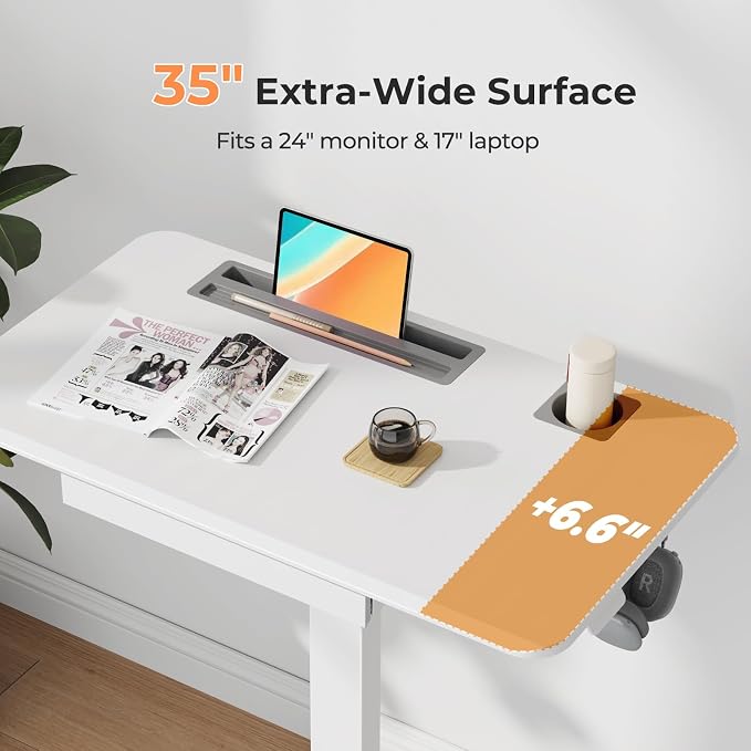 Mobile Standing Desk with Drawer, 35"×20" Small Desk, White | Portable Laptop Workstation with Cup Holder and Hooks, Height Adjustable Rolling Desk with Wheels, Teacher Classroom Use - Image 5