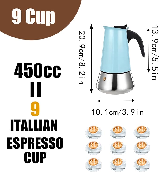 9 Cup Stovetop Espresso Maker Stainless Steel Moka Pot Stove Top Percolator Italian Coffee Makers Capable Mocha Greca Machine Cafe Classic Induction Cookers for Home and Camping 450ml 15oz - Image 3