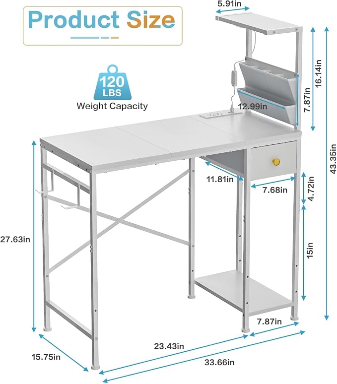Jakyitvi 33.7" Computer Desk with Power Outlets, LED Lights & Drawer, Small Office Desk with Storage Bag & Hooks, Gaming Desk for Bedrooms or Home Office, Compact Study Desk for Small Spaces，White - Image 3