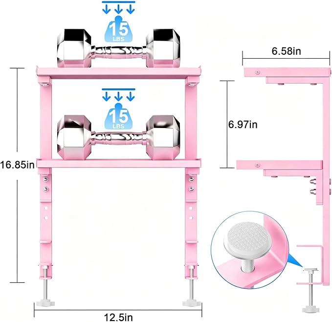 2-Tier Desk Shelf | Desk Organization Expandable Clamp on Desk Shelf Desktop Accessories for Offices and Game Rooms (Pink) - Image 2