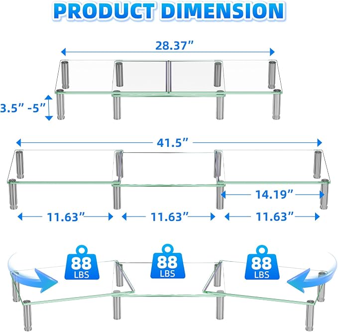 Simple Trending Glass Dual Monitor Stand, Adjustable Length/Height, Clear | 41.5"L x 9.5"W x 5"H, height 3.5"-5", length 28.37"-41.5". Hold 260 lbs. Stainless steel feet. Tempered glass. Easy assembly - Image 2