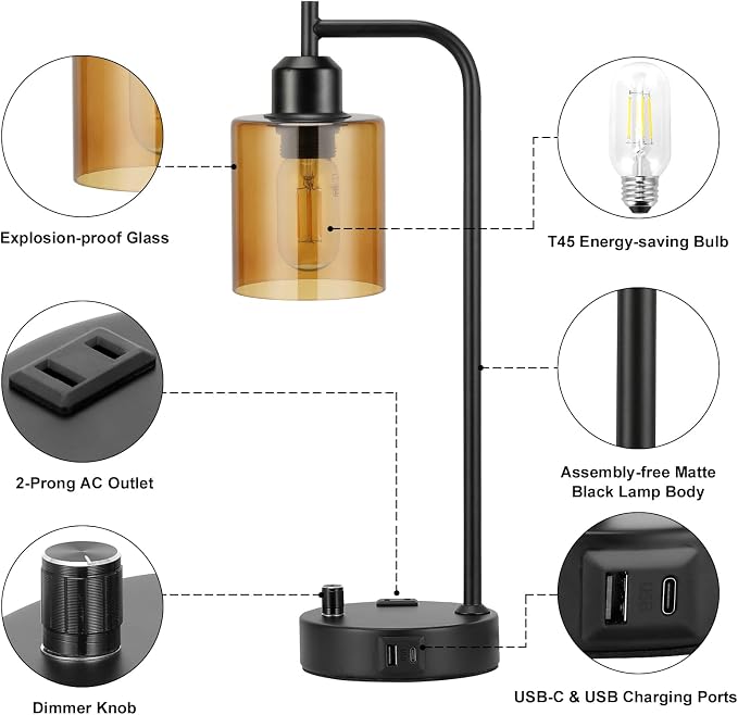 Industrial Bedside Lamps for Nightstand Set of 2 - Fully Dimmable Bedroom Lamps with USB A C Ports and Outlet, Black Table Lamps with Amber Glass Shade for Living Room, Desk Lamps for Office Reading - Image 5