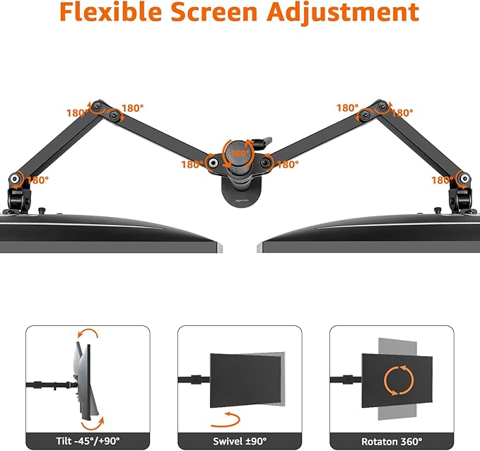 Amazon Basics Adjustable Dual Monitor Desk Mount, Supports up to 32 inch Monitors and 22 lbs per Arm, Adjustable Tension, VESA 75x75/100x100, Black - Image 3