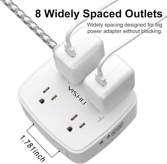 Surge Protector Power Strip - YISHU 8 Outlets with 4 USB (2 USB C) Charging Ports, 10Ft Braided Extension Cord, Flat Plug Multi Plug Outlet Extender Charging Station for Home Office, ETL, White - Image 4