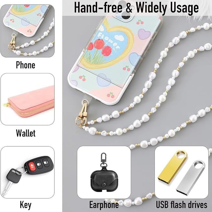 Phone Chain Crossbody Pearl Strap,Pearl Beaded Chain Shoulder Crossbody Lanyard with Phone Tether Patches Compatible with Most Phones Bag Purse(H) - Image 3