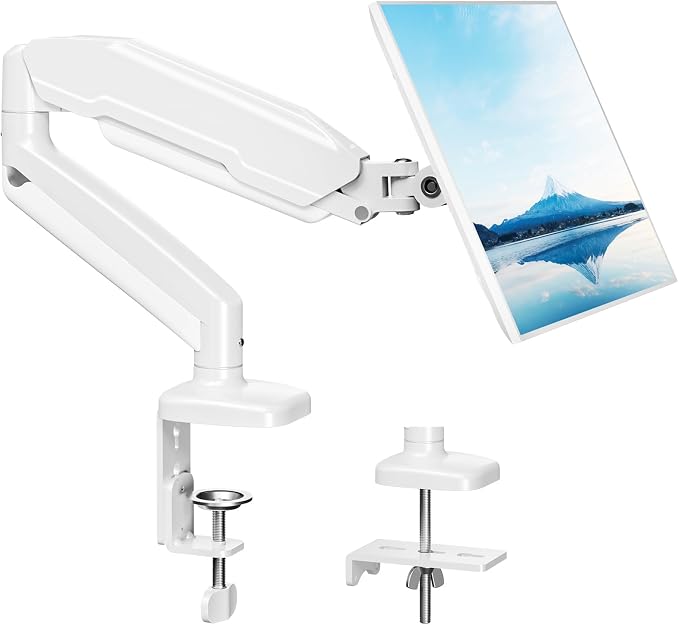 MOUNT PRO Single Monitor Desk Mount - Articulating Gas Spring Arm, Removable VESA Mount for Computer Monitor Stand with Clamp and Grommet Base Fits 13 to 32 Inch Screen, VESA 75x75, 100x100, White by MOUNTPRO