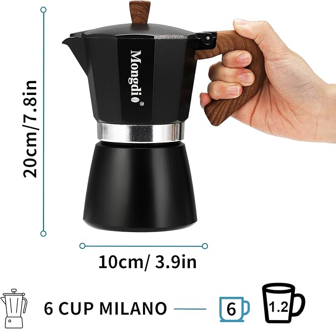 Mongdio Stovetop Espresso Maker Moka Pot, Cuban Coffee Maker Stove top coffee maker Moka Italian Espresso Greca Coffee Maker Brewer Percolator, 6 Espresso Cups, 10 oz - Black - Image 4