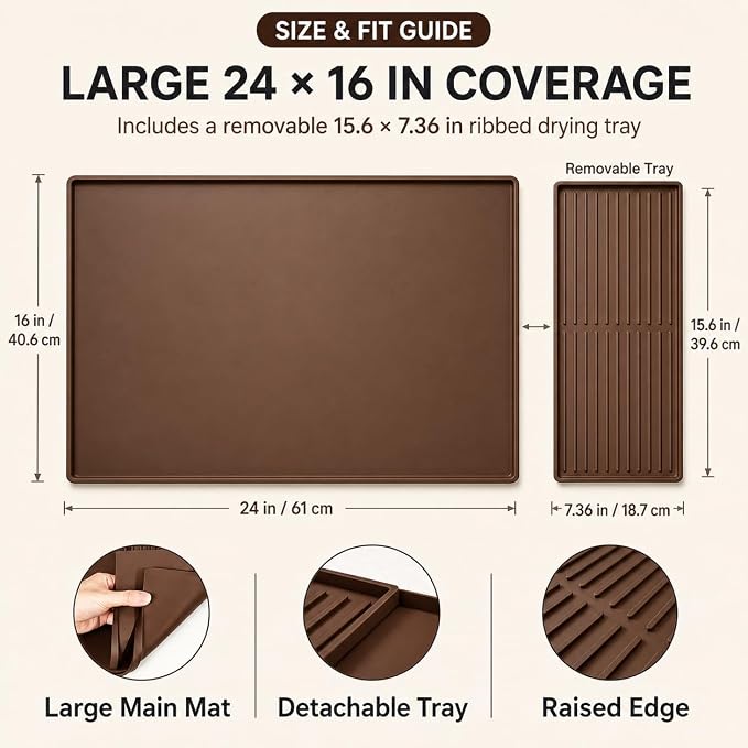 Silicone Coffee Mat 24 x 16 in with Tray, Classic Coffee Brown | Coffee bar mat for countertop use, coffee station mat or coffee machine mat with removable tray and 0.47 in raised rim. - Image 3
