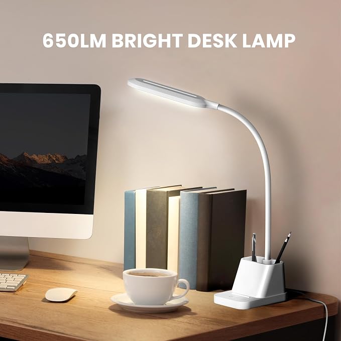 AXX White LED Desk Lamp with USB Charging Port, Study Table Light | for College Dorm Room, Home Office Bedroom Essentials, 650LM, Flexible Gooseneck, Phone Mount, Pen Holder, Timer Settings - Image 2
