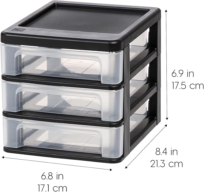 IRIS USA 2-Pack, 3-Drawer Small Plastic Stacking Desktop Organizer, Black | Organize office supplies, stationery, makeup, craft materials and everyday essentials for neat desktop storage - Image 3