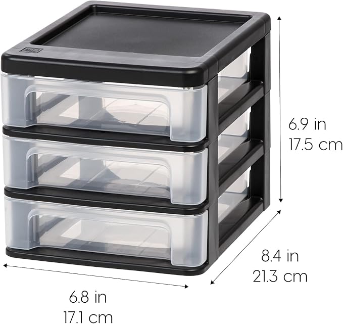 IRIS USA 4-Pack, 3-Drawer Small Plastic Stacking Desktop Organizer, Black | Organize office supplies, stationery, makeup, craft materials and everyday essentials for neat desktop storage - Image 3
