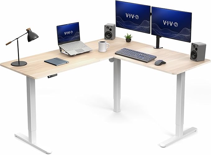VIVO Light Wood 63 x 55 in Corner Standing Desk, DESK-E3CTC | Electric, Reversible L-Shaped Table, Sit Stand, Height Adjustable, Memory Controller, Office Furniture Sets, White Frame by Unknown