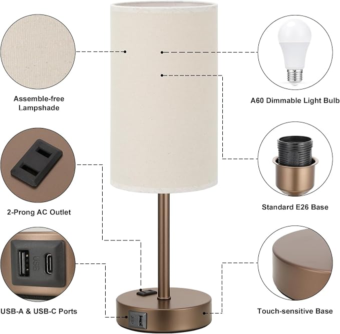 Fenmzee Touch Table Lamp - Beige, 3-Way Dimmable, USB A + C Charging, AC Outlet, 17.4inch Medium, Brown Metal Base - Image 5