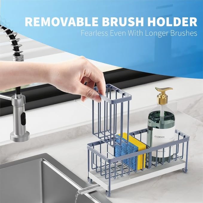 Cisily Sponge Holder for Kitchen Sink, Sink Caddy Organizer with High Brush Holder, Kitchen Countertop Organizers and Storage Essentials, Rustproof 304 Stainless Steel (Gray Blue, 9.25″) - Image 6