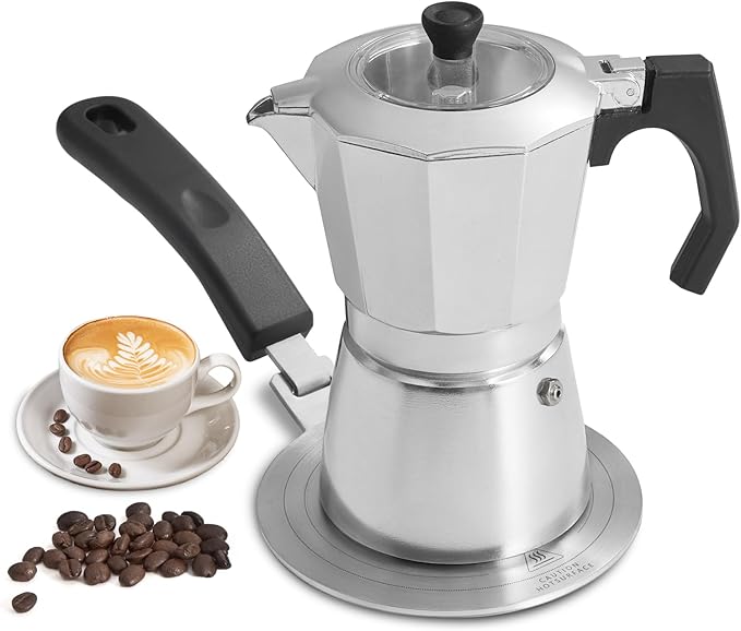2Pcs - 1 Moka Pot Espresso + 5.5 Inch Stainless Steel Induction Plate Adapter, 6 Cup Aluminium Italian Stovetop Espresso Maker, Transparent Cover, Portable Coffee Maker for Camping by Unknown